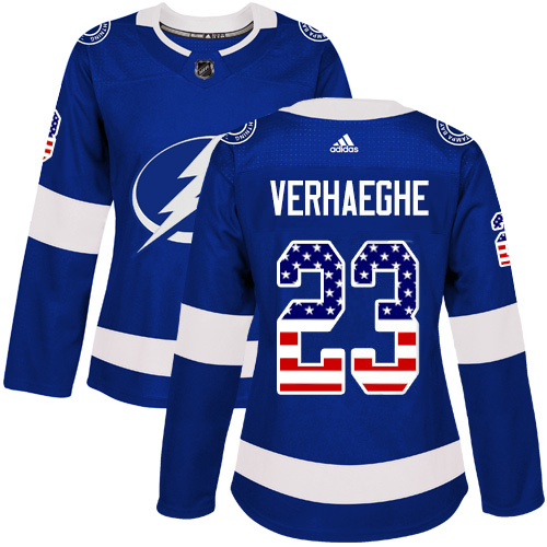 Adidas Tampa Bay Lightning #23 Carter Verhaeghe Blue Home Authentic USA Flag Women Stitched NHL Jersey->women nhl jersey->Women Jersey
